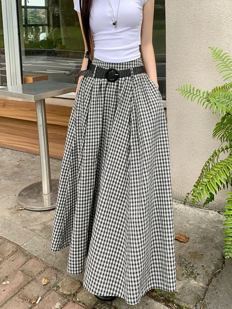 Midi Long Skirts Womens Maxi Skirt 2025 Spring Summer Black White Plaid Skirt Goth Vintage High Waist Ruffle Pleated Skirts rok