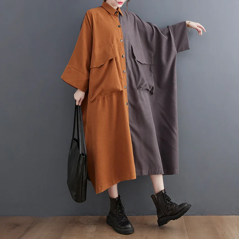 HUISONG فستان قميص ميدي نسائي برتقالي بجيوب كبيرة الحجم مع طية صدر السترة وأكمام طويلة موضة المد ربيع الخريف 2025 6nw3ra