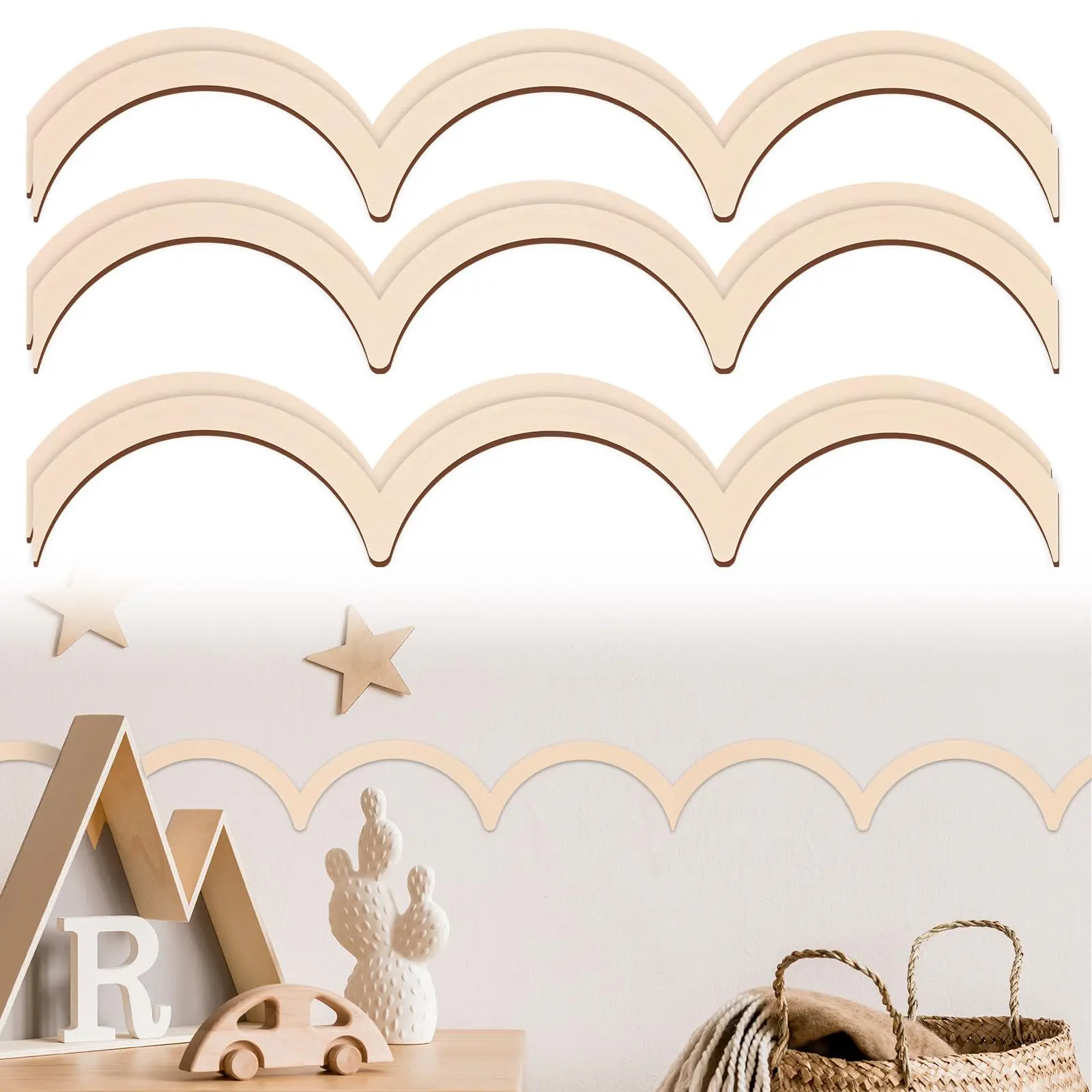 6/12/36pcs Scalloped Wall Moulding Wood, Wooden Wall Molding, Chair Rail Molding Shaped Scallop, Wooden Cornice