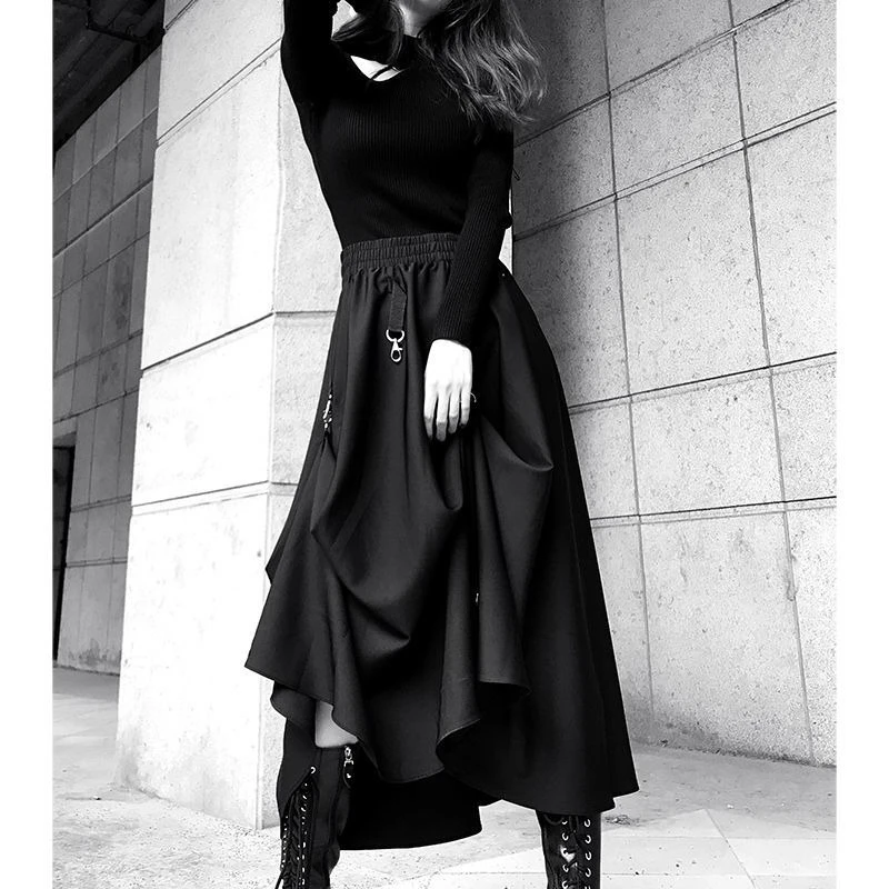 

Готические черные длинные юбки для женщин в стиле панк, японский винтаж, юбка в стиле Харадзюку, гранж, уличная одежда, однотонные юбки, эстетика.