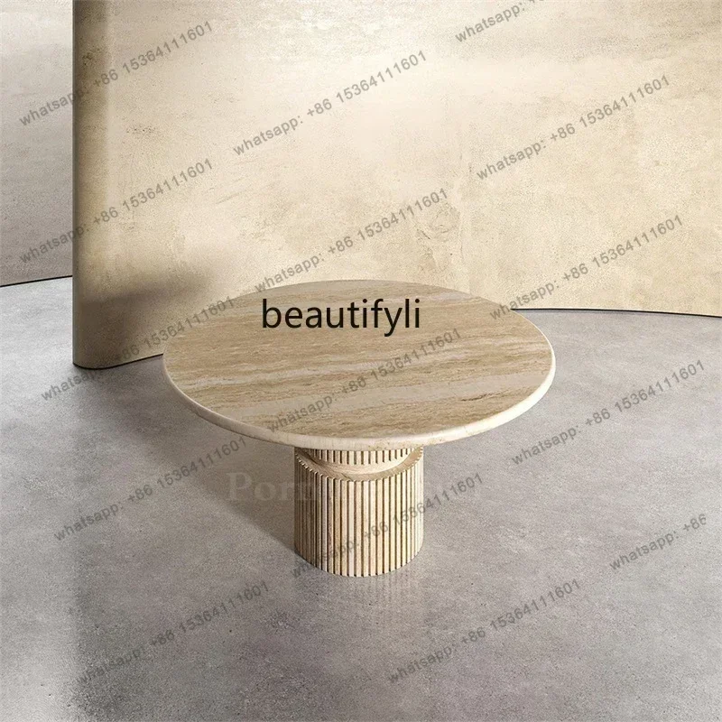 

French light luxury high-end natural Roman travertine marble round dining table small apartment