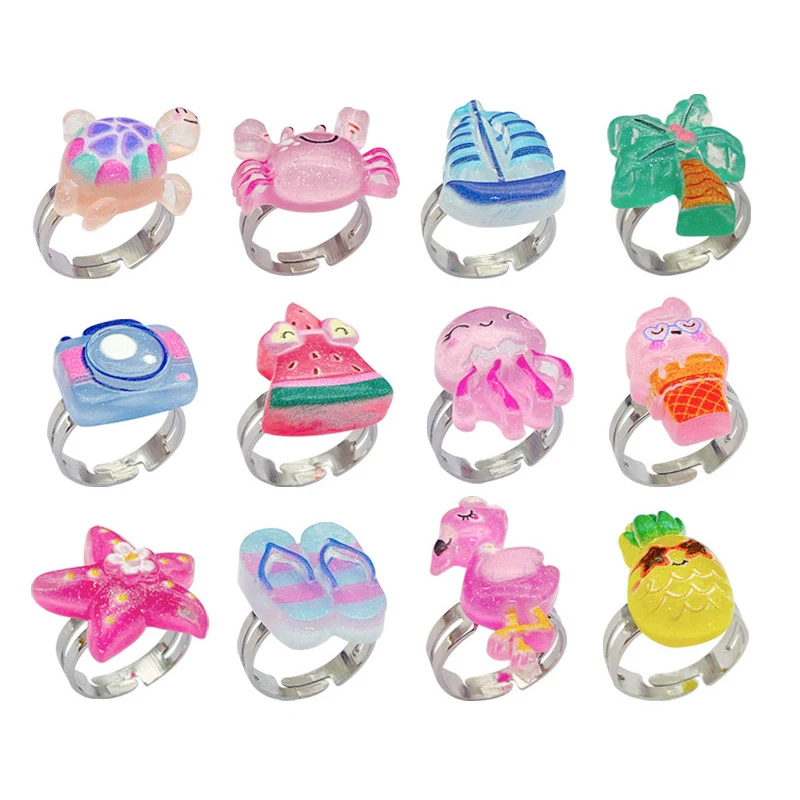 Mixed New 12PCS/SET Watermelon Turtle Flamingo Pineapple Cute Kids Girls Rings Jewelry Gift