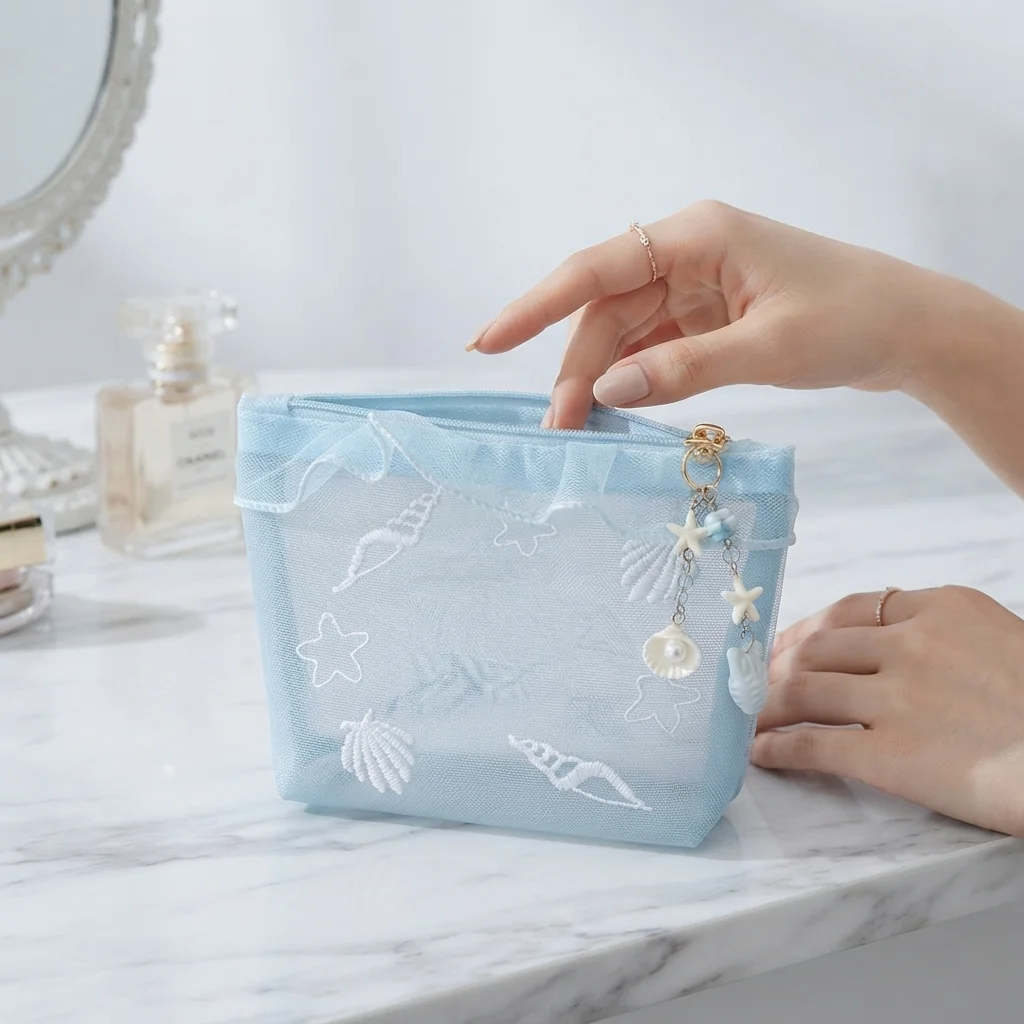 Cute Ocean Style Mesh Makeup Bag Women Starfish Shell Embroidered Cosmetic Pouch with Pendant Summer Beach Travel Organizer Bag