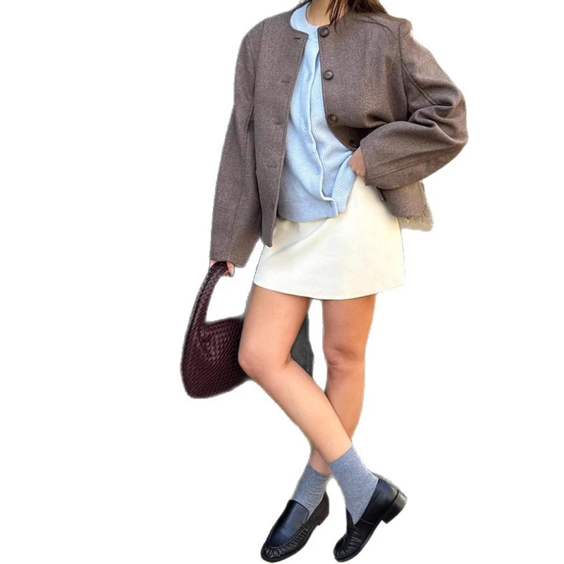 Solid Color Versatile Crew Neck Long Sleeve Woolen Short Coat Women's 2025 Autumn Winter New Wholesale