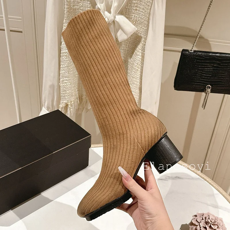 Spring Autumn Square Toe Cotton Fabric Fashion Socks and Boots Women's Elastic Back Zipper British Leg Boots Party Dress Boots