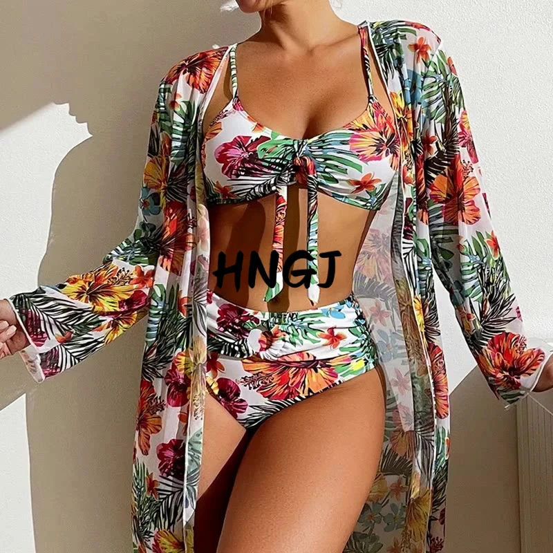 

Бикини с высокой талией, 3-х предметный купальник с цветочным принтом, размер 3XL-S, женский комплект бикини с сетчатой блузкой с длинными рукавами