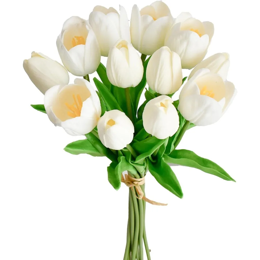 

Искусственные тюльпаны Манди, 12 стеблей, белые искусственные цветы из искусственной кожи на День Благодарения и рождественские украшения, свадебный домашний декор, 13,5 дюймов