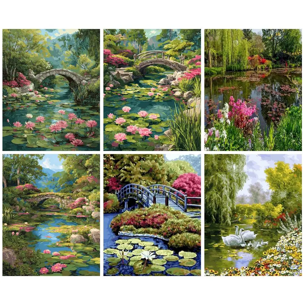 GATYZTORY Paint By Number Landscape Drawing On Canvas HandPainted Art Gift DIY Pictures By Number Lotus Pond Kits Home Decor