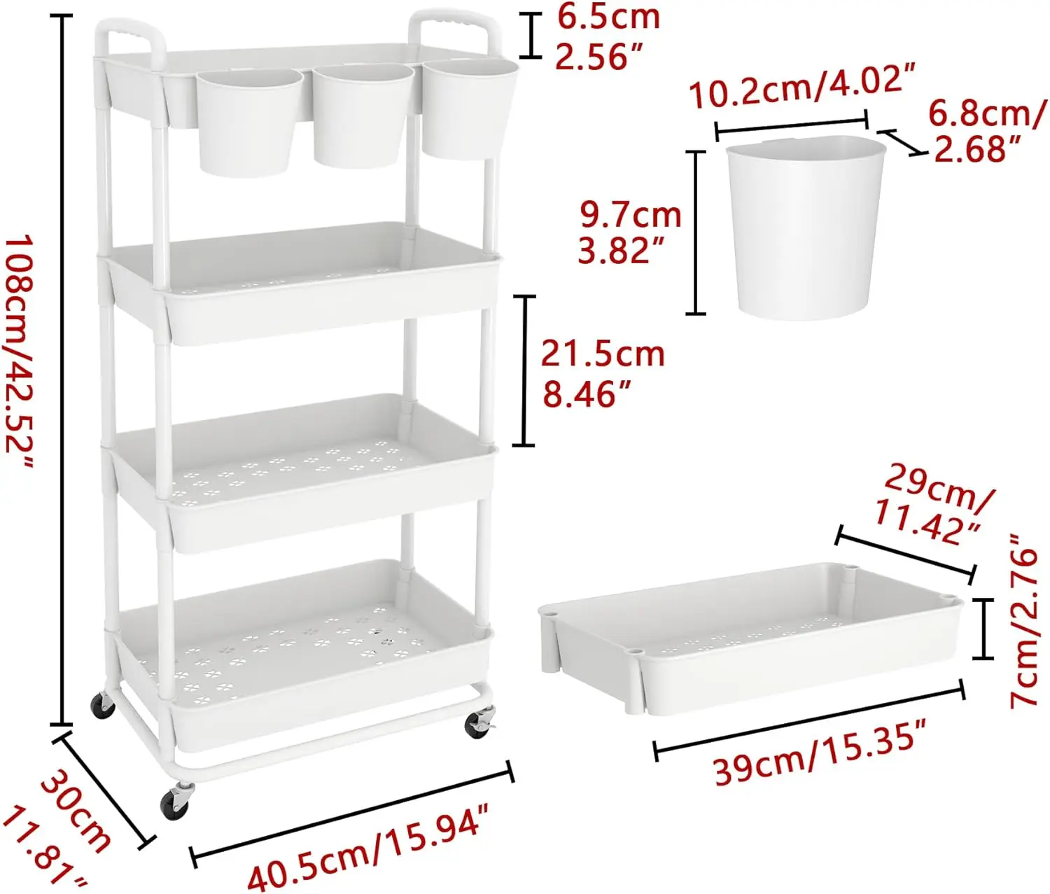 Rolling Storage Cart Utility Cart with Extra Hanging Cups Handles Lockable Wheels for Living Room Bathroom Kitchen Office White