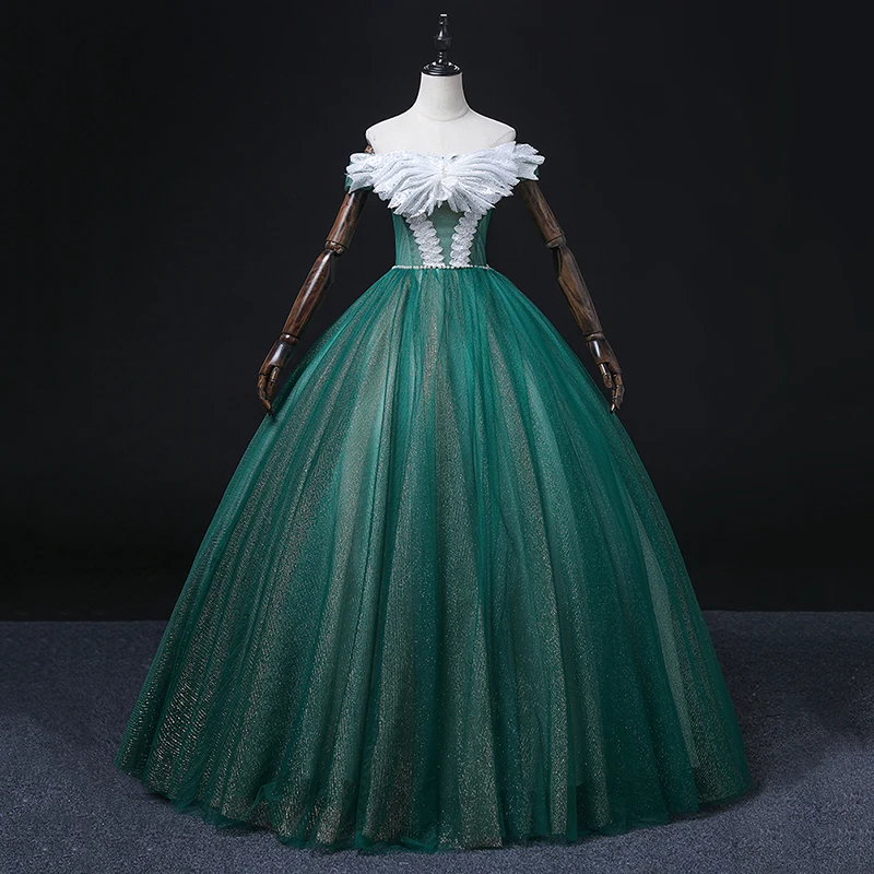 AnXin SH princesa encaje verde arco blanco cuello barco rebordear perlas volantes brillantes vestido de fiesta con cordones vestido de noche personalizado