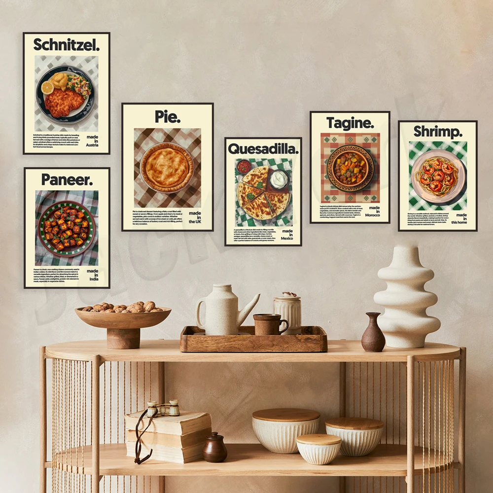 Spanish paella, spinach cheese, pie, pulled pork, xiaolongbao, tandoori, schnitzel, Korean barbecue pork, ramen, food poster