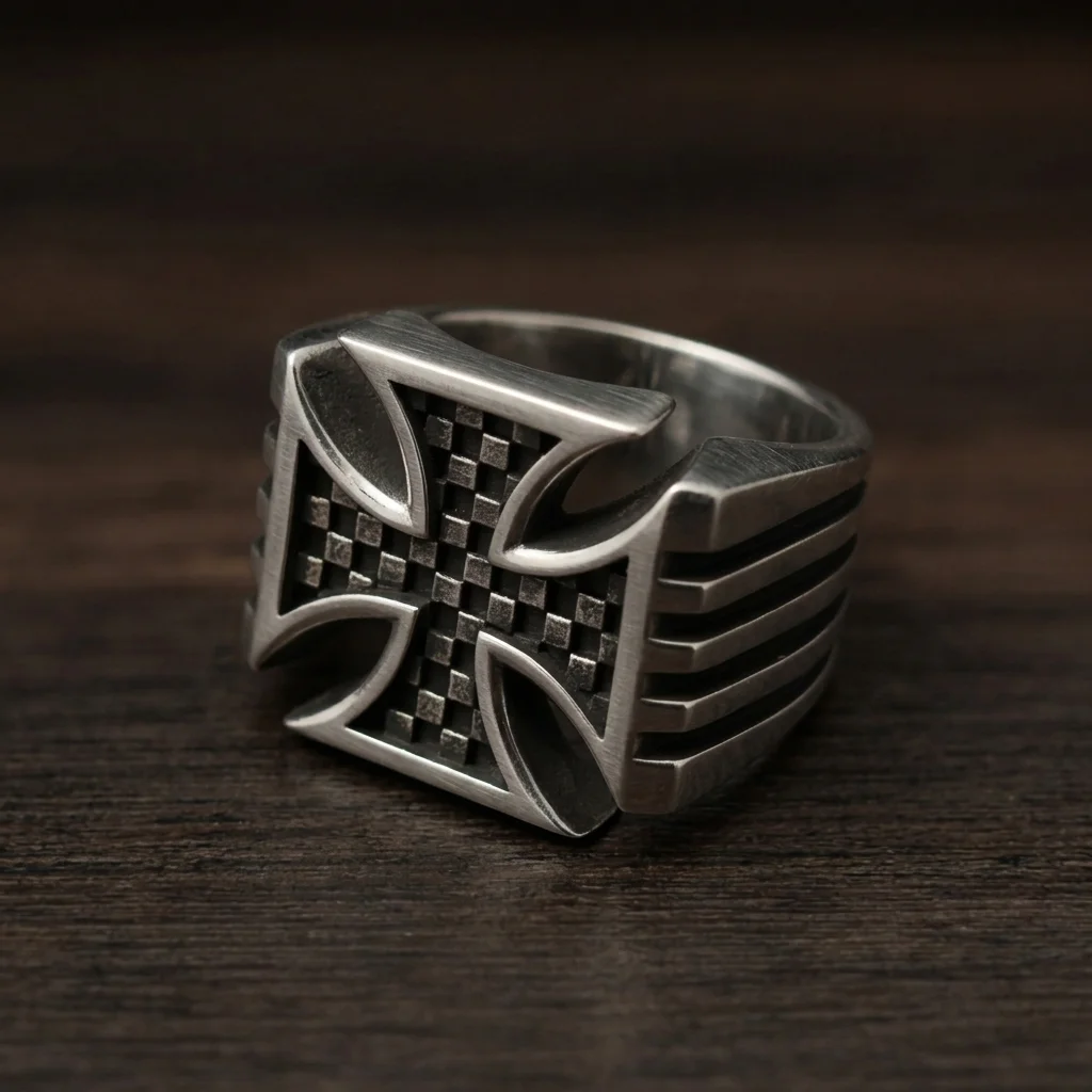 Vintage Aging Retro Unisex Square Cross Signet Ring Checkerboard Grid Inlay Wide Band Domineering Worn Vintage Style Couple Matc