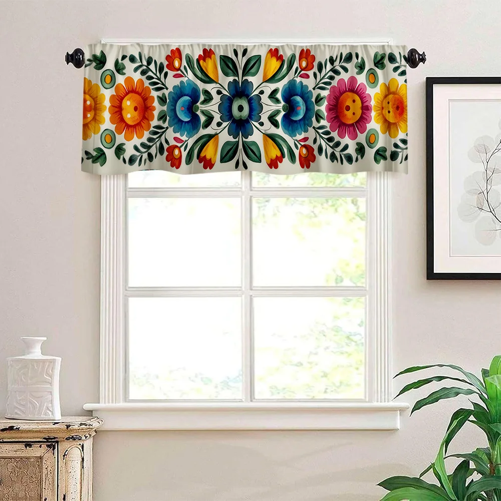 VIKAMA Mexican Floral Valance Curtain, Rod Pocket Print Window Treatment for Kitchen Living Room Bedroom Decor