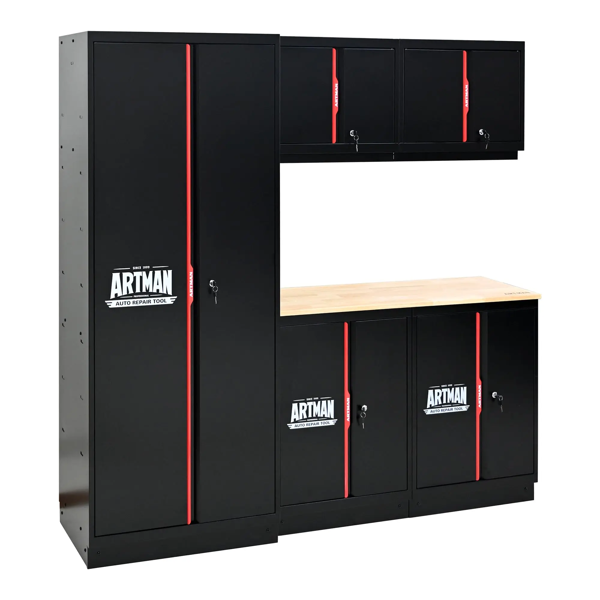 Pre-Assembled Heavy Duty Garage Storage Cabinet System, No-Assembly 6-Piece Workshop Locker Set with LED Illumination