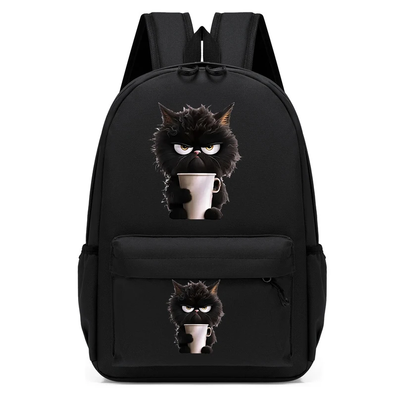 Cute Black Cat Backpack para meninos e meninas, Mochila dos desenhos animados, Bolsa de escola, Amor, Café, Animal, Leisure Bagpack, Anime Bookbag, Outing