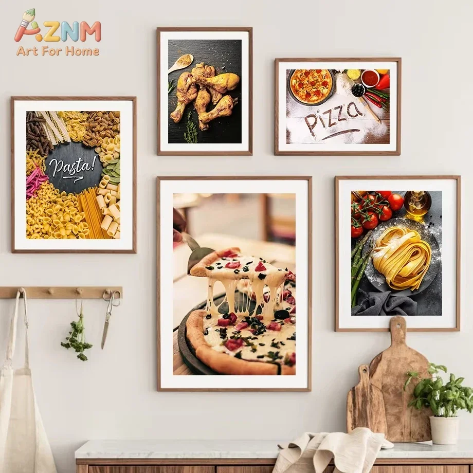 AZNM Italian Food Canvas Wall Art Pasta Pizza Burger Bread Vintage Dark Background Kitchen Dining Unframed Canvas Decor Poster