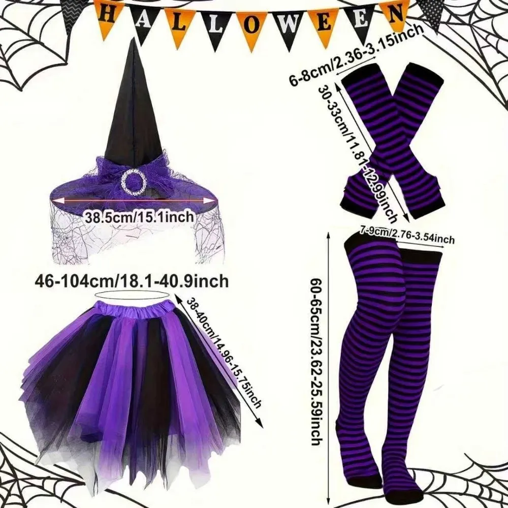 Striped Socks Witch Tutu Skirt Set Fancy Dress Party Halloween Witch Costume Outfit Wizard Cosplay Set Halloween Party 5