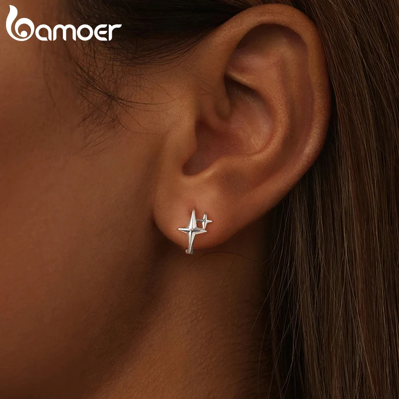 BAMOER Solid 925 Sterling Silver Starlight Hoop Earrings for Women Star Huggie Earrings Hoop BSE1076