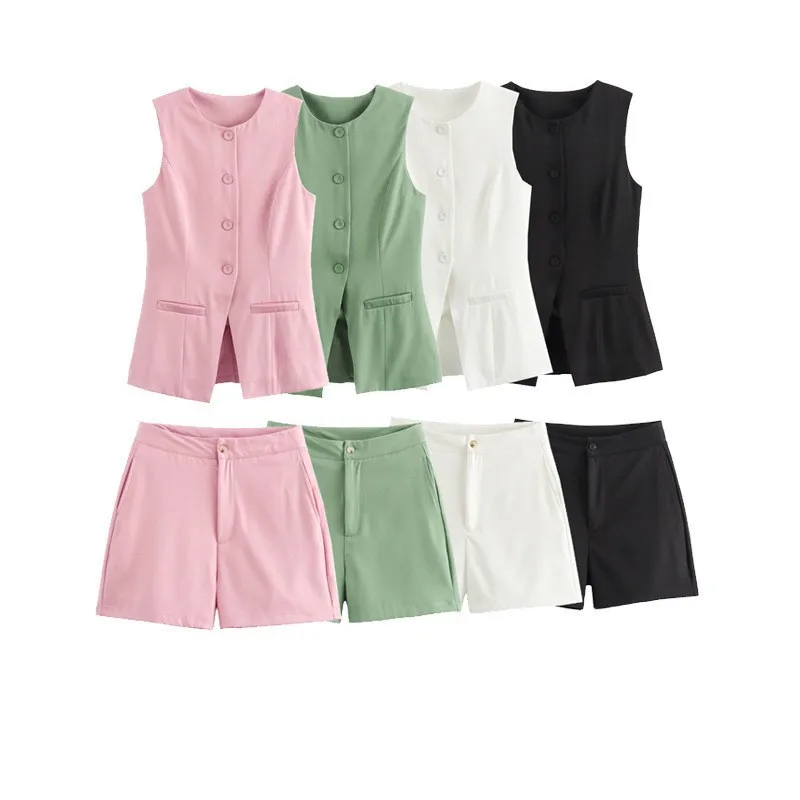 

Chic V Neck Vest Set Slim Fit Buttoned Waistcoat Set Matching Shorts Two Piece Set Casual Stylish Chic Summer Trendy Outfit