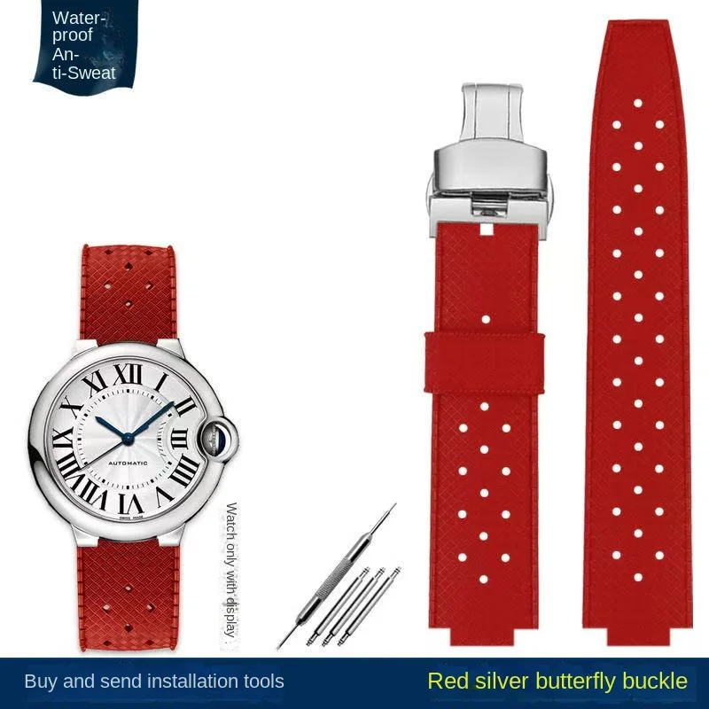 حزام ساعة مطاطي من السيليكون لكارتييه بالون بلو WSBB تصميم محدب أسود للرجال حزام بديل متين