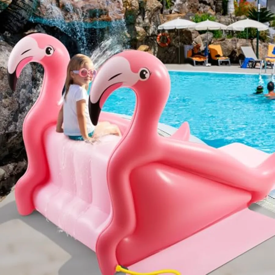 98 Inch Giant Inflatable Flamingo Pool Slide for Adults PVC Material Pink Heavy-Duty Vinyl with Reinforced Seams Quick-Inflate