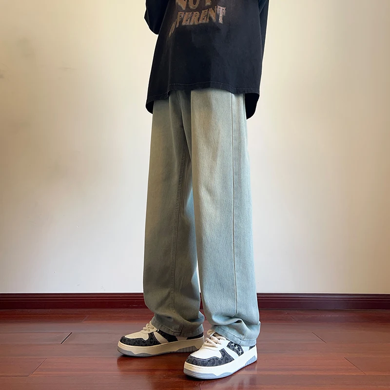 

Мужские свободные джинсы прямого кроя, желтые, с легким клешем, винтажные, с эффектом потертости, весна-осень, новые, в американском ретро-стиле, уличные брюки