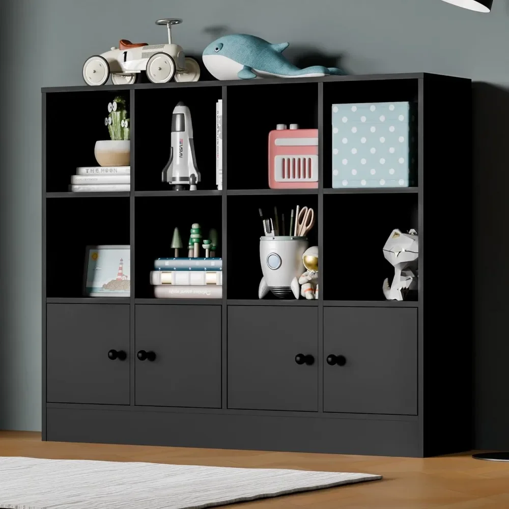 

Wood Bookcase,12 Cube Storage Organizer Bookshelf with 4 Doors,3 Tier Storage Cabinet with Adjustable Shelves