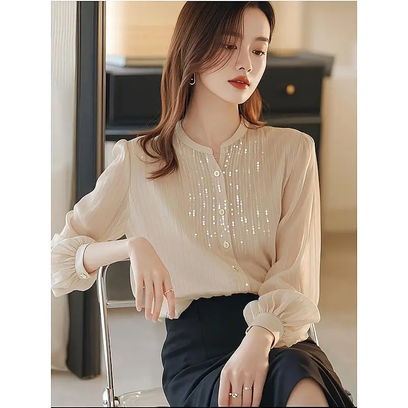 Simplicity Fashion Autumn New Women Solid O-Neck Sequined Single Breasted Temperament Sweet Loose Long Sleeve Chiffon Shirt Tops