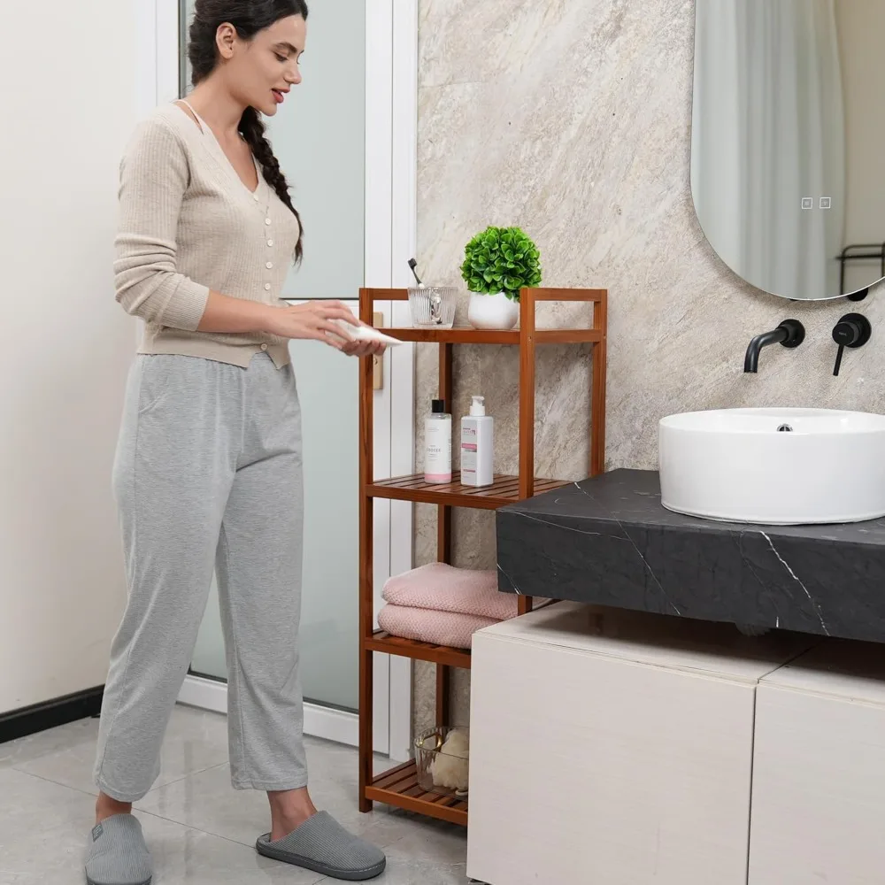 

Teak Wood Bathroom Shelf Organizer Stand, Standing Shelves Shower Caddy Units, Freestanding 4 Tier Bath Storage for Floor