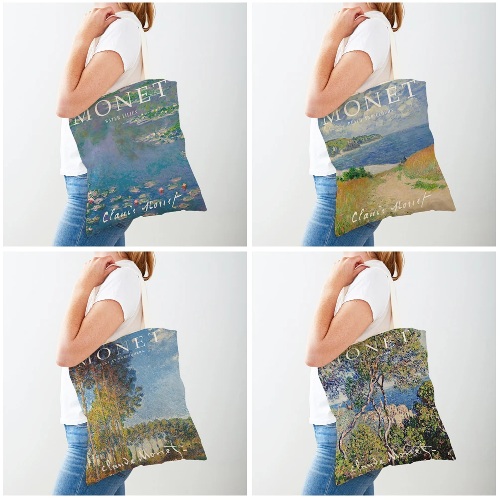 Monet Picasso Parrot Butterfly Mountain Shopping Bag Double Print Eco Casual Nordic Shopper Bags Lady Canvas Tote Women Handbags