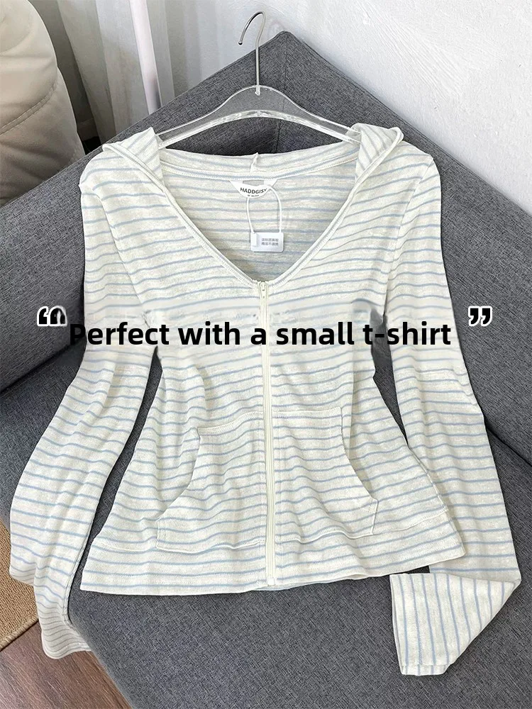 

Blue Striped Hooded Zipper Women's Summer Thin Outerwear Cardigan High-End Sensation Slimming Cover up Korean Style Jacket