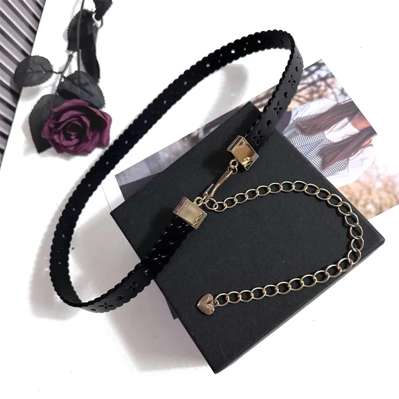 Damski Vintage Ażurowy Pasek do Sukienki z Prawdziwej Skóry z Metalowym Łańcuszkiem, Gorset, Cummerbund, Ozdoba do Paska, Wąski Pasek J1482