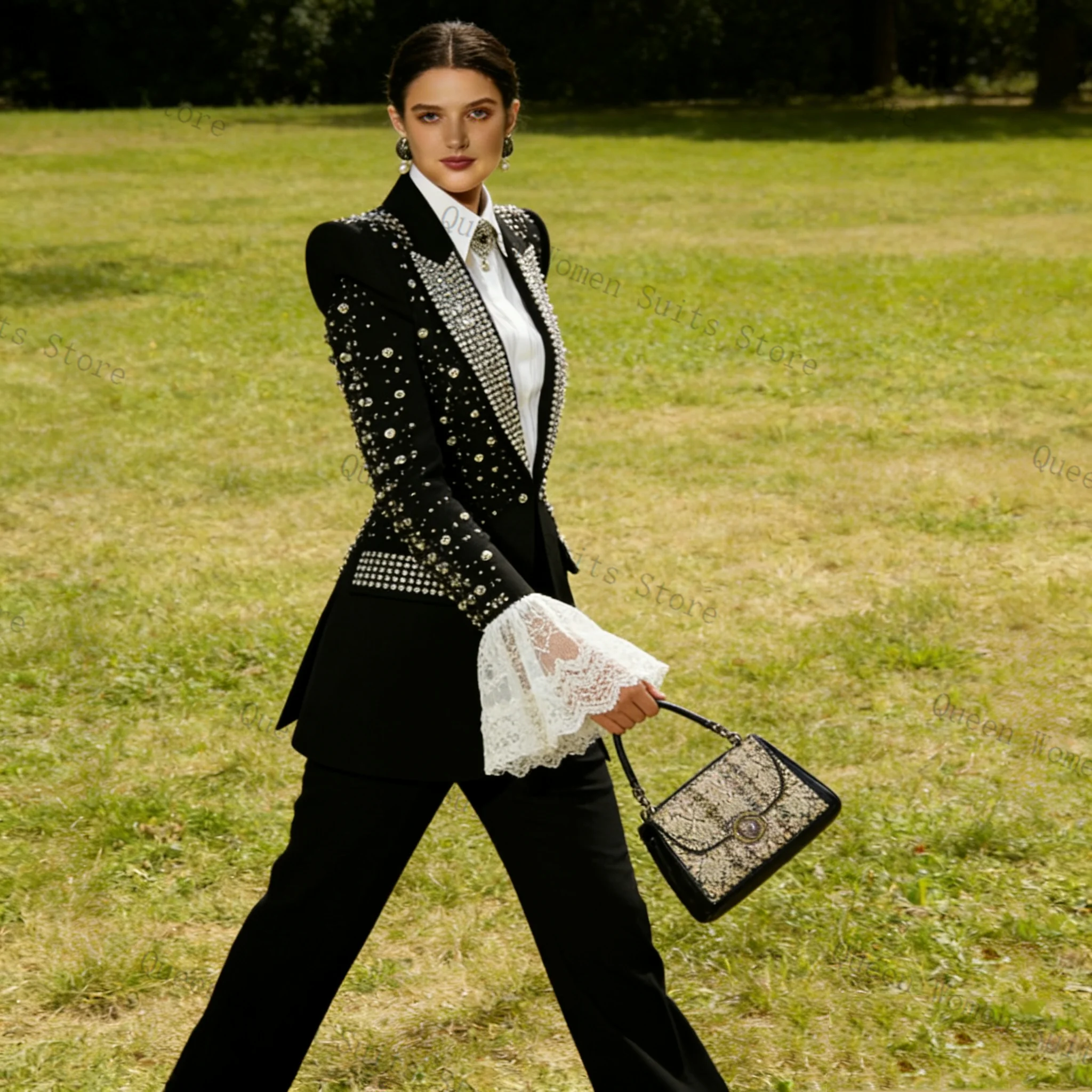 

Black Women Suit Set 2 Pcs Blazer Pants Crystals Lace Cuff Cotton Outfit Prom Formal Office Lady Jacket Wedding Coat Customized