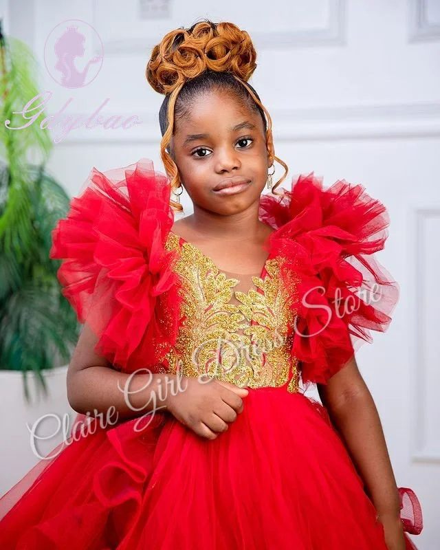 Customized Red Flower Girl Dresses For Wedding Lace Tulle Gold Appliques Kids Birthday Party First Communion Pageant Gown