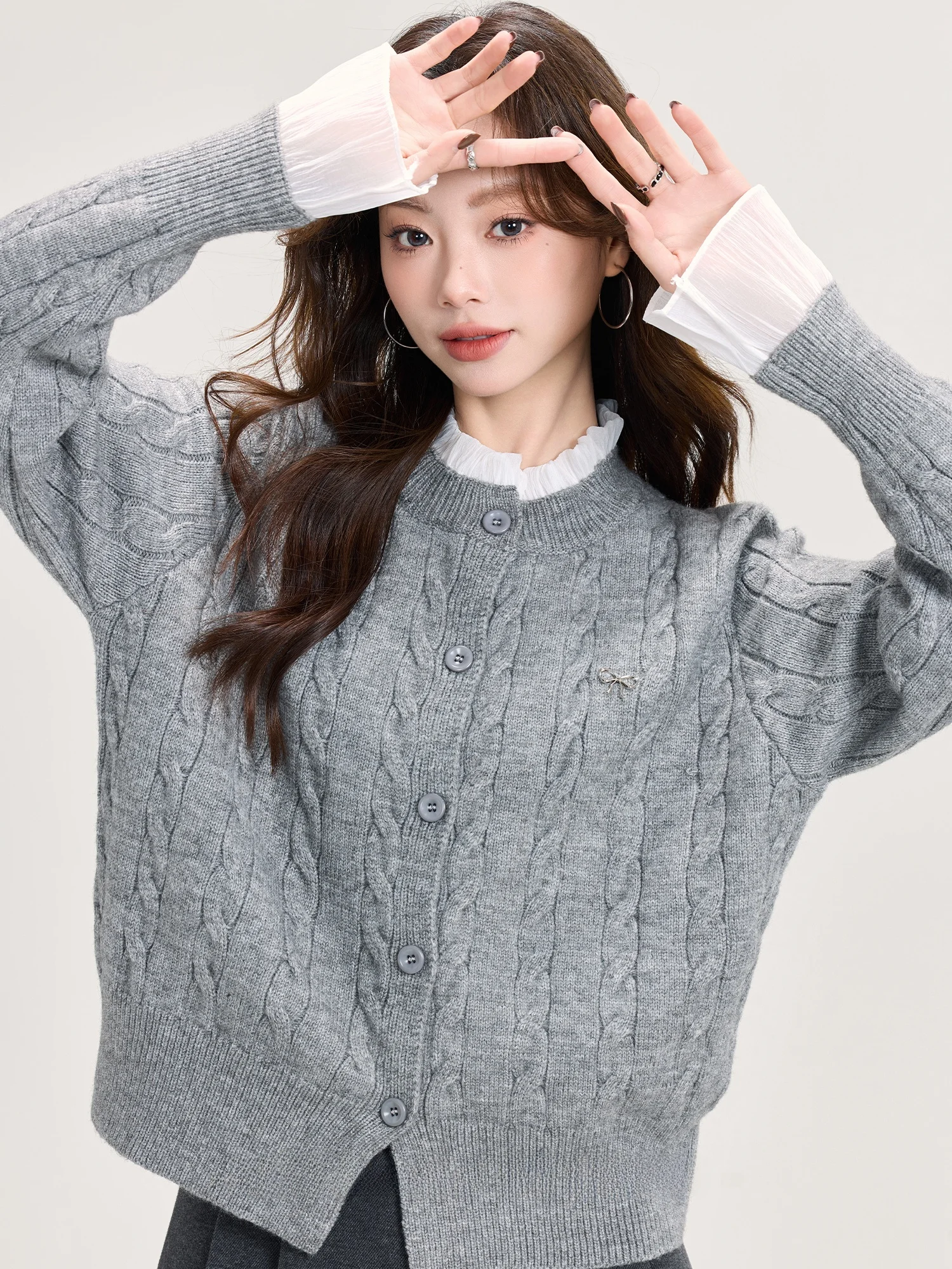 

Mii Xiaoke Sweet Sle Knitted Sweater Cardigan Women's ort round Ne Twist Knitwear Autumn Winter Versatile Floral Print