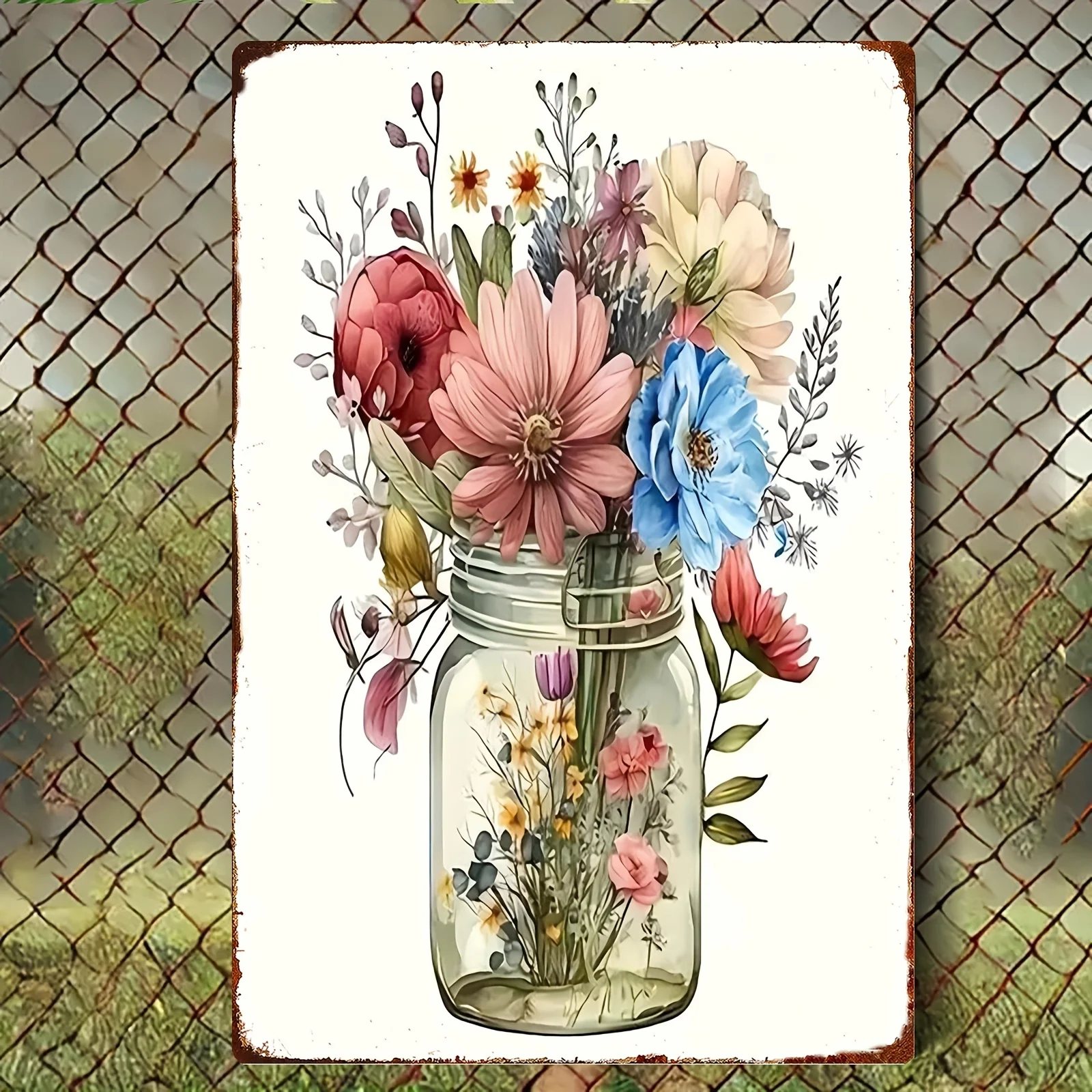 2D Flat - 2D Plane, 2D Retro Iron Plaque | Hand-Painted Glass Vase, Exquisite Iron Home Decoration | 20*30 Cm / 8*12 Inches | Su