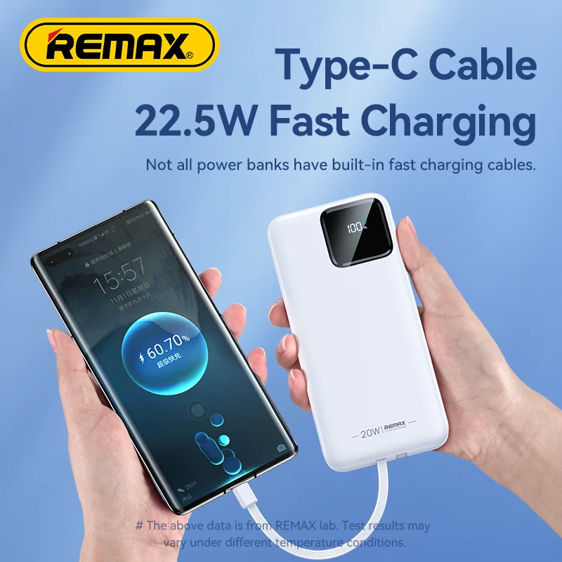 REMAX 10000mAh Power Bank Portable PowerBank External Charger For iPhone Xiaomi Samsung Oneplus Huawei Android Built-in Cables