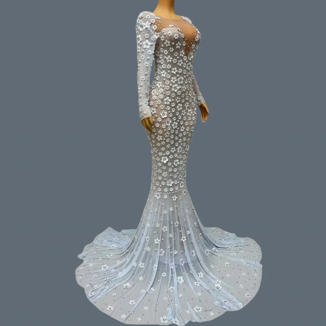 Abito da festa di compleanno di lusso Elegante fiore sexy Maglia trasparente Bianco Lunghezza pavimento Abito lungo Abito da sposa da donna di fascia alta