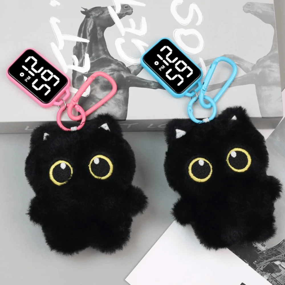 

Black Cat Pendant Electronic Hanging Watch LED Waterproof Keychain Pocket Watch Digital Display Carabiner Luminous Watches