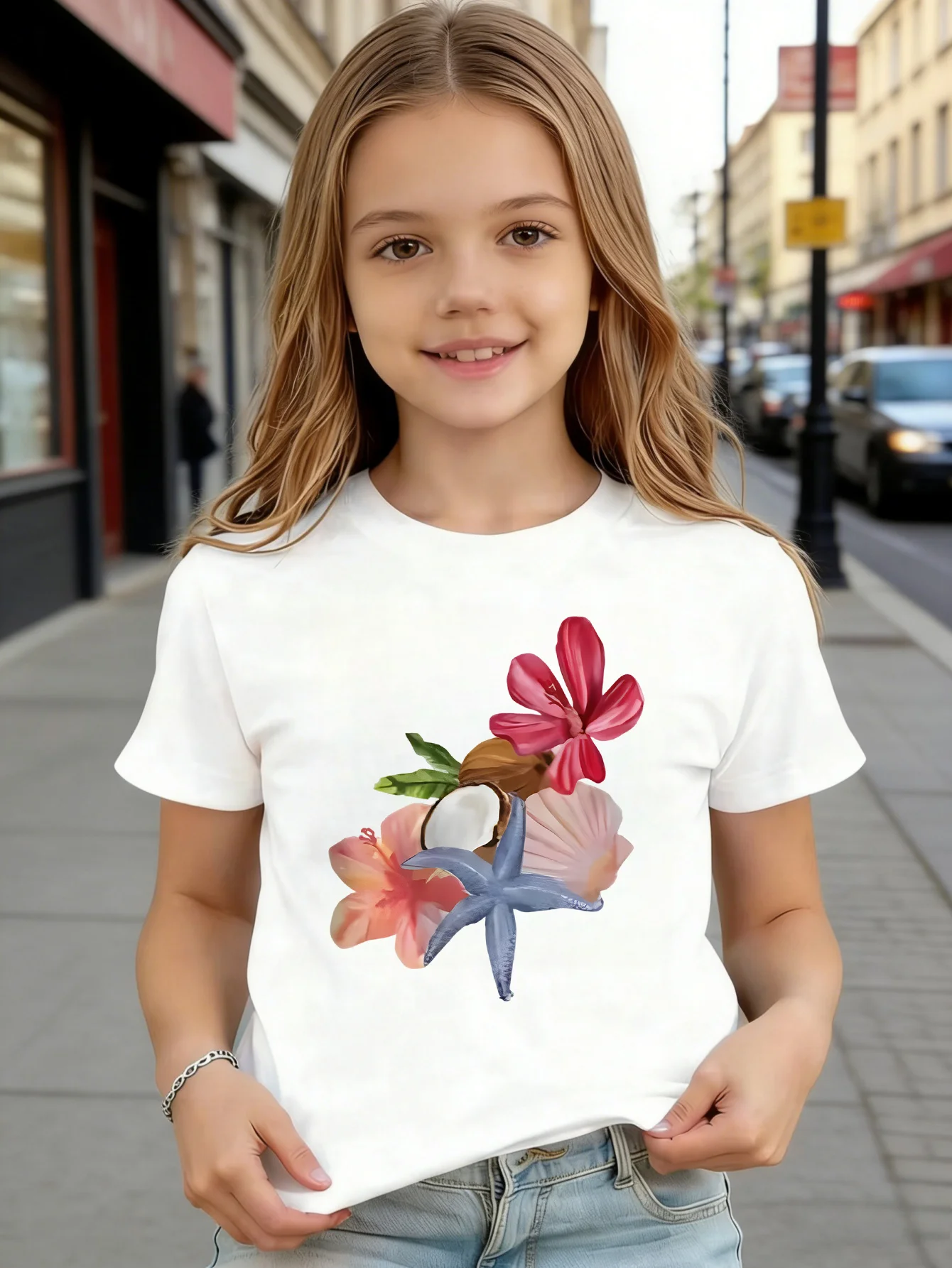 Summer Ocean Starfish Shell Tropical Floral Beach Art Print Kids T Shirt Boys Girls Family Matching Summer Crew Neck Casual Tee