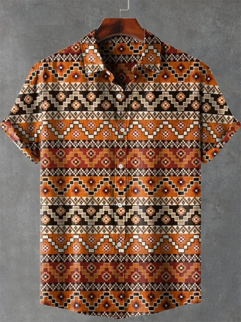 

Men's Ethnic Style Natural 3D Printed Grid Shirt Lapel Short Sleeve Button Pocket Men's Linen Shirt Outdoor Casual Top