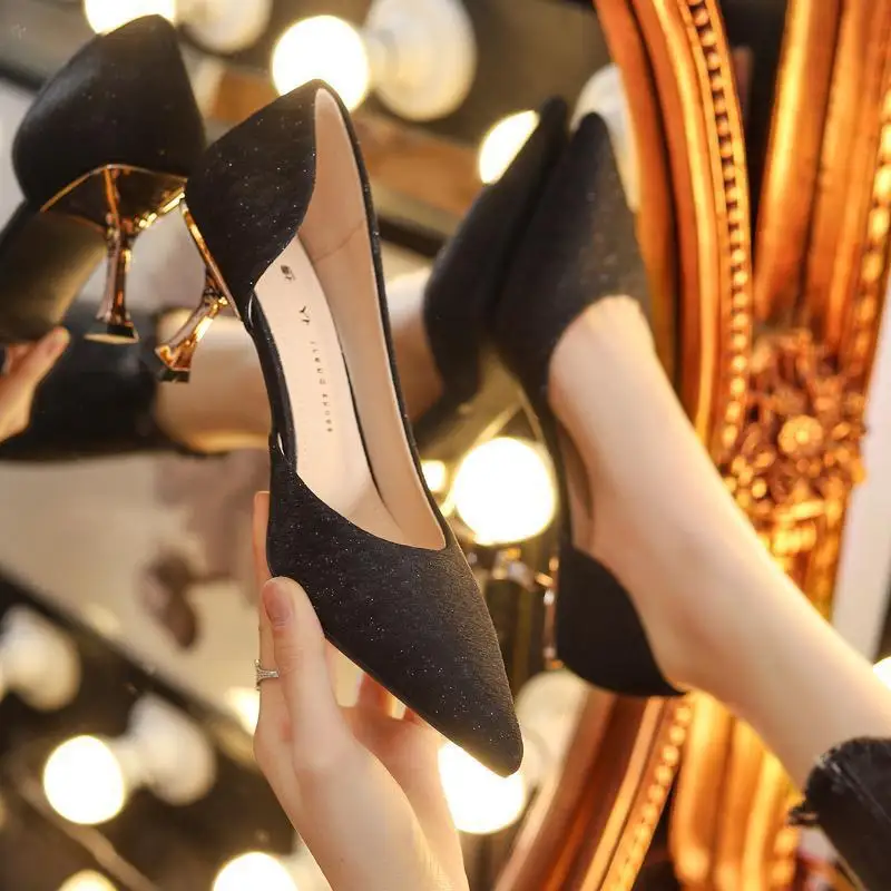 High heels 2026 spring new item slim heel pointed versatile single shoes women's low heel wedding shoes women's shoes