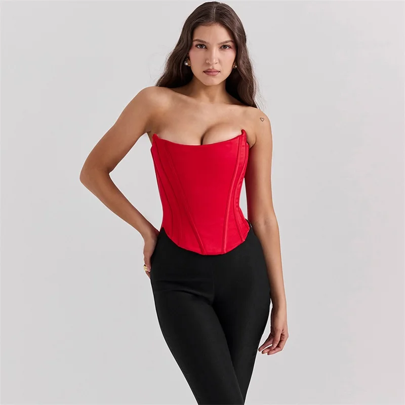 Red Solid Color Women's Corset Top Bra Sexy Strapless Sleeveless Casual Daily Lace Up Back Streetwear Party Outfit