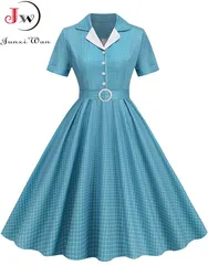 Notched Collar Slim Elegant Party Dress Summer Women Plaid Print Vintage Swing 50s 60s Sundress Casual