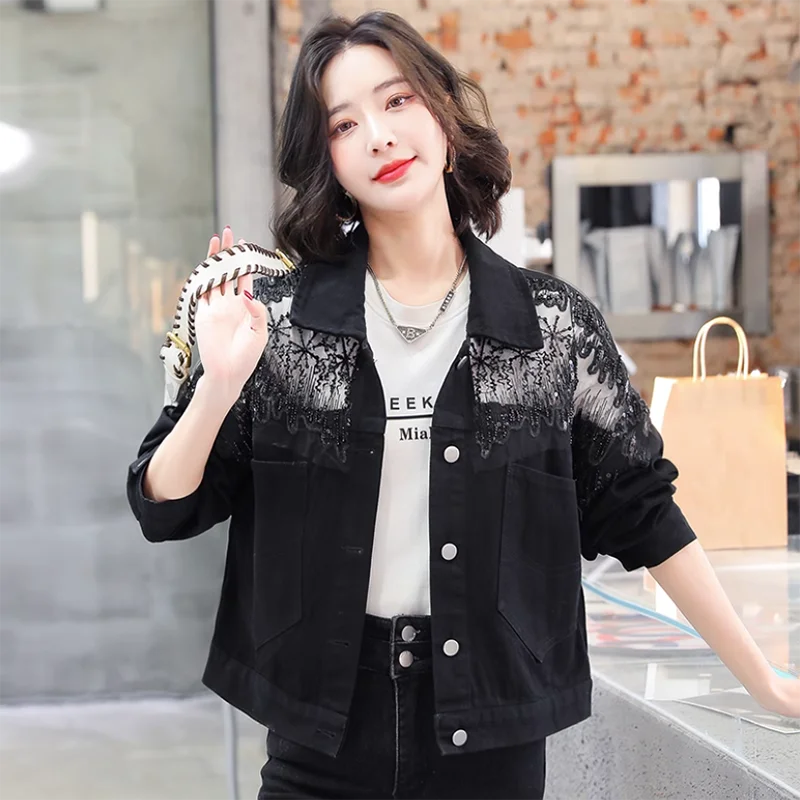 Heavy Industry Beaded Mesh Denim Jackets Women Outwear Spring Autumn Sstitching Jacket Female Top Loose POLO Collar Jeans Jacket