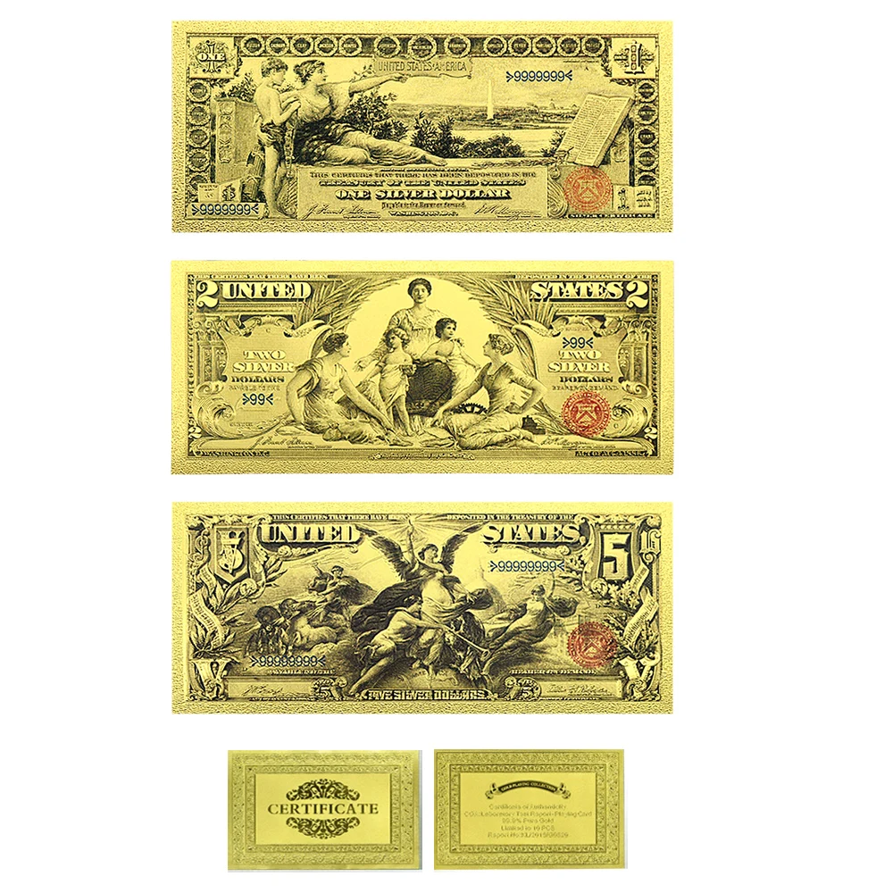 

1878 US Dollars Gold Foil Banknotes 1 , 2 , 5 Dollars Banknotes with Certificate US UnCurrency Collectibles