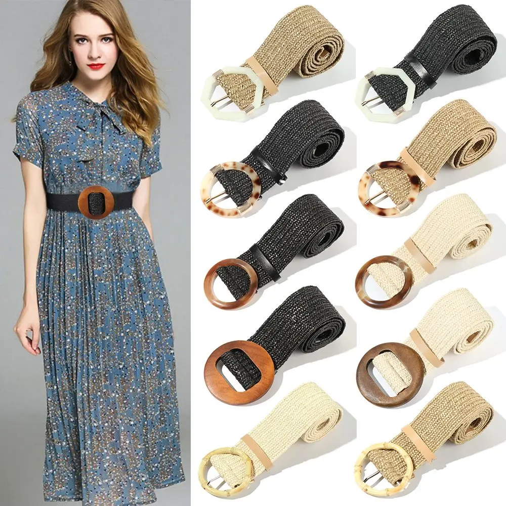 

Casual Wide Bohemian Straw Belt Waistbelt Elastic Wooden Buckle