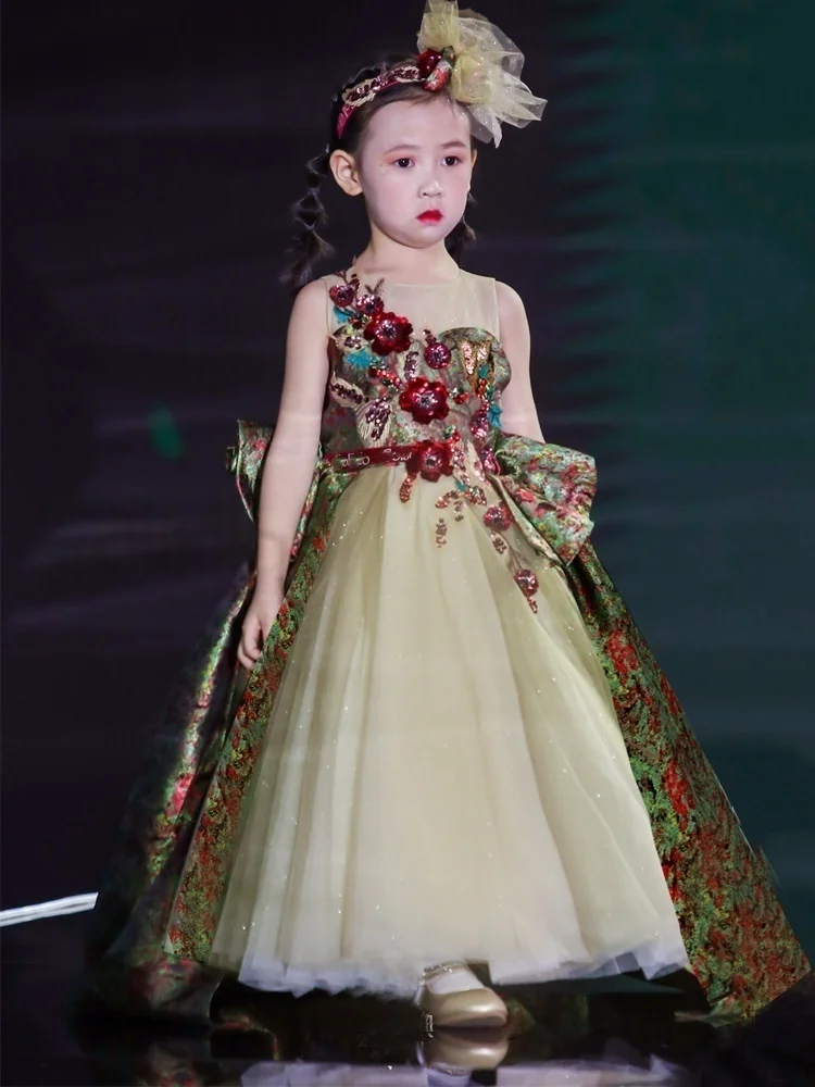 Custom Luxury Flower Girl Dress Wedding Birthday Party Pageant Catwalk Halter 3D Floral Big Bow Print Tulle Kids Gown فساتين اطف