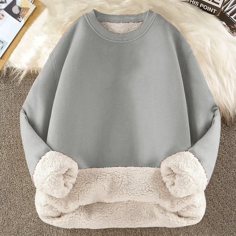 Men Women Winter Thicken Warm Lambswool Sweatshirts Solid Drop Shoulder Round Neck Top Plush Thermal Windproof Fleece Pullover