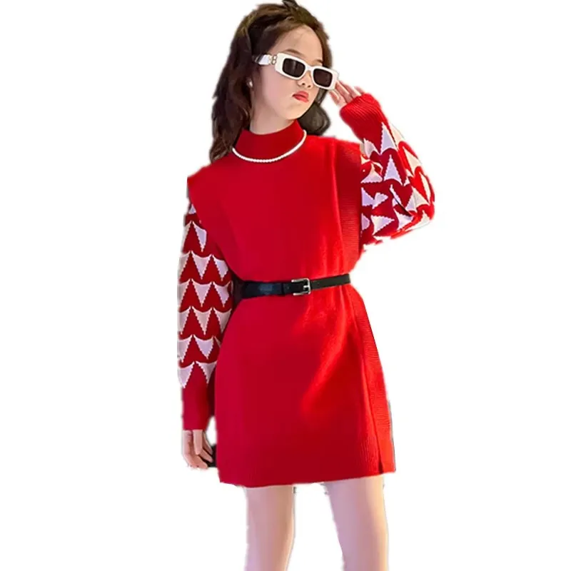 

Child High Street Sweater Dress Female Girl Kids Elegant Knitwear Dresses With Belt For Teenagers Fashion Slim Fit Knitted Dress